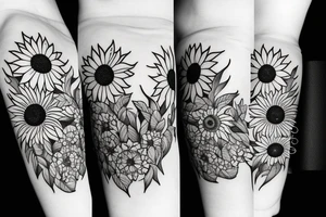 Rose, Lillie’s, sunflower.  Including simple foliage. Outline only. Black and white. Whimsical including small spider, mushrooms, crystals, ladybug. Incorporate negative space and bands tattoo idea
