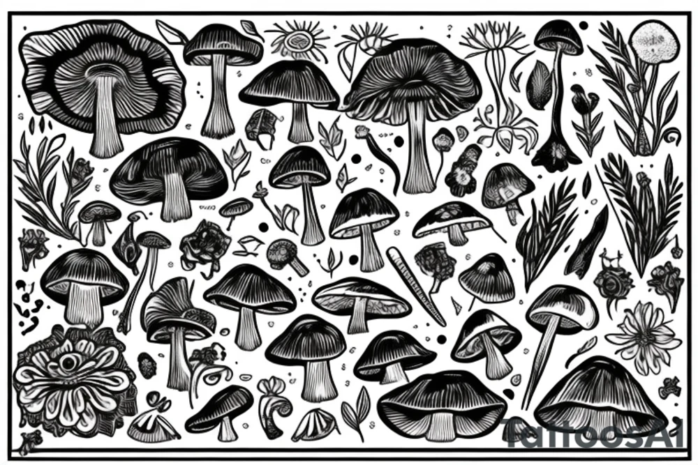 Trippy flowers and mushrooms and crystals melded tattoo idea