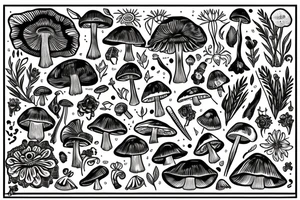Trippy flowers and mushrooms and crystals melded tattoo idea