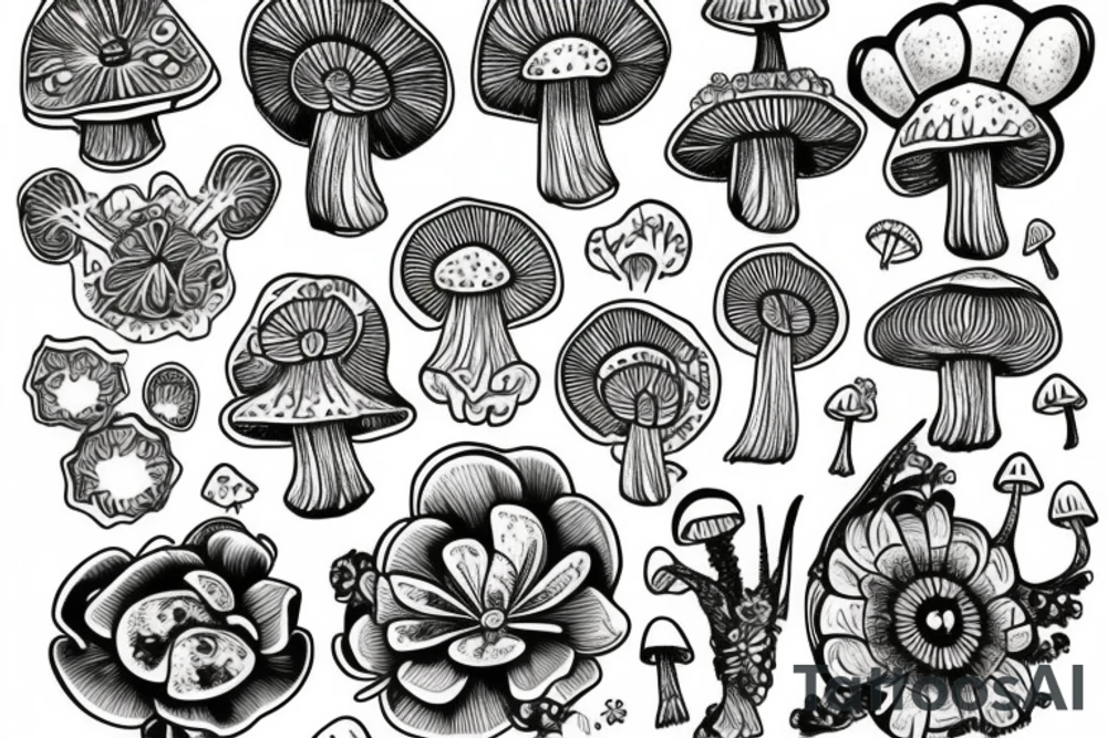 Trippy flowers and mushrooms and crystals melded tattoo idea