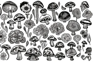 Trippy flowers and mushrooms and crystals melded tattoo idea
