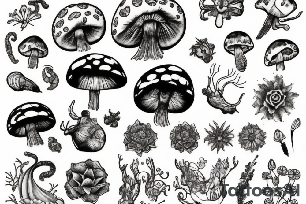 Snails, bugs, crystals, mushrooms and flowers tattoo idea