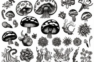 Snails, bugs, crystals, mushrooms and flowers tattoo idea