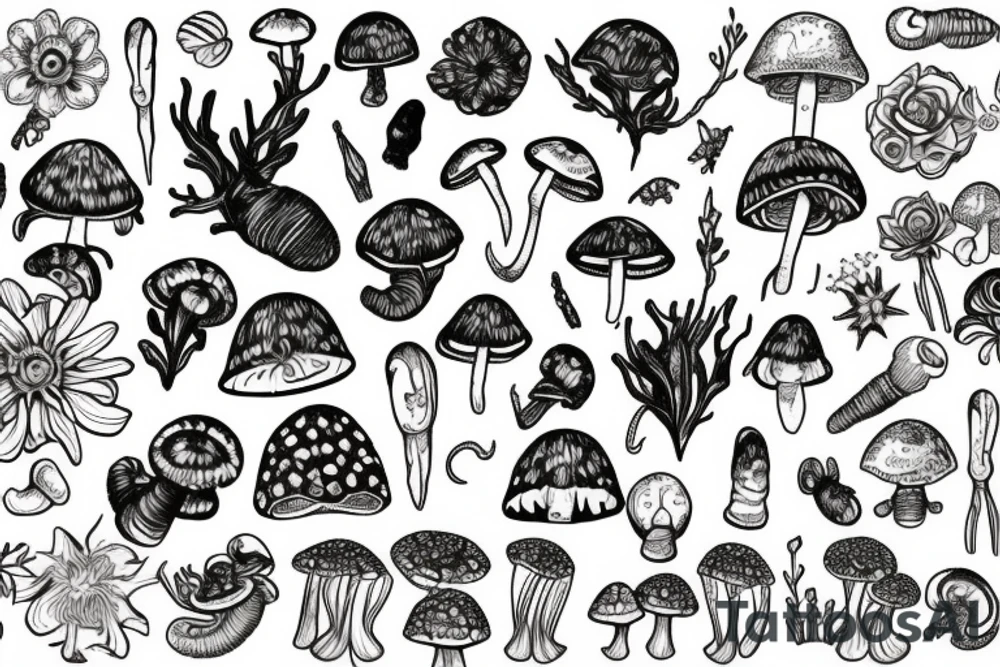 Snails, bugs, crystals, mushrooms and flowers tattoo idea