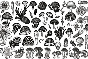 Snails, bugs, crystals, mushrooms and flowers tattoo idea