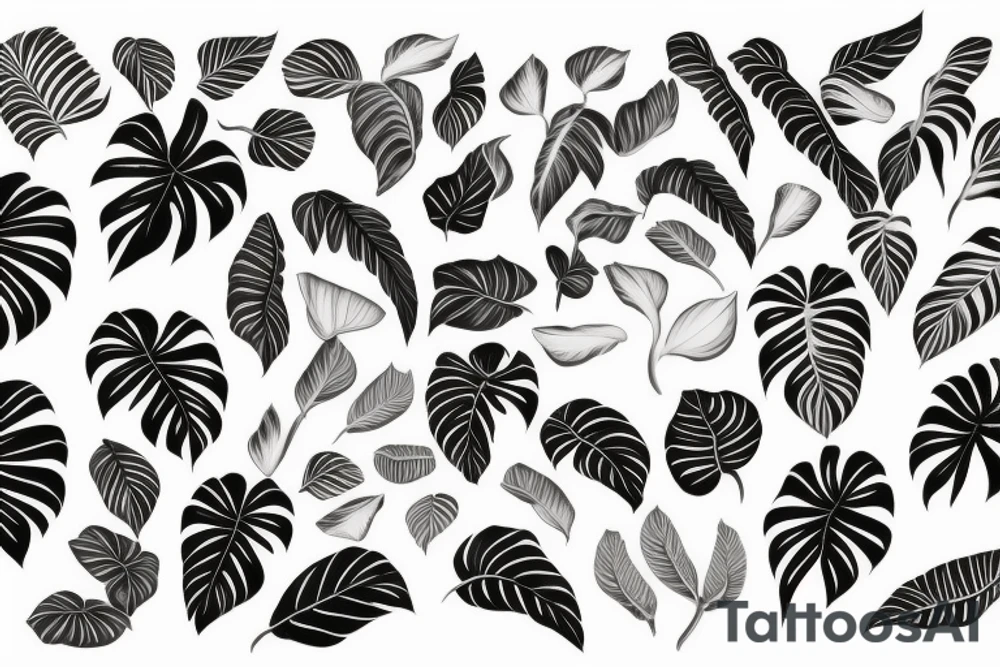 Monstera variegated, string of heats, alocasia, bird of paradise, syngonium tattoo idea