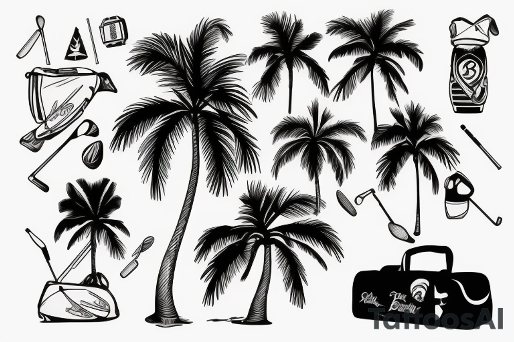 Palm tree with small golf bag leaning upon base tattoo idea