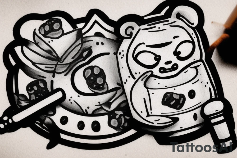 A buff gummy bear in a ufo smoking a cigar tattoo idea