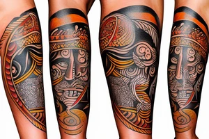 caribbean Taíno indian style themed left arm sleeve tattoo that includes the sun and a cemi tattoo idea