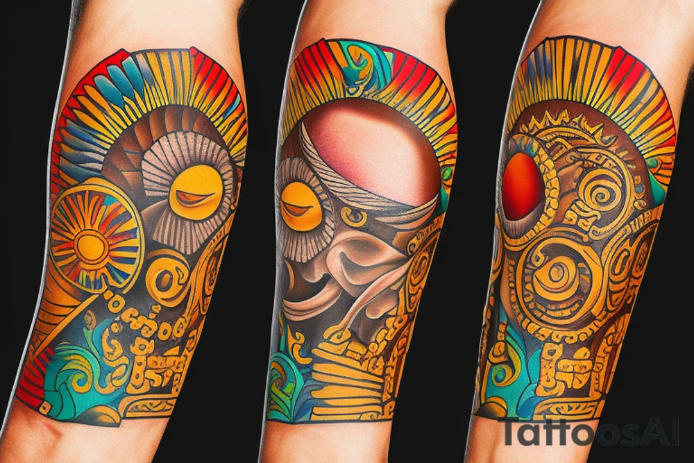 caribbean Taíno indian style themed left arm sleeve tattoo that includes the sun and a cemi tattoo idea