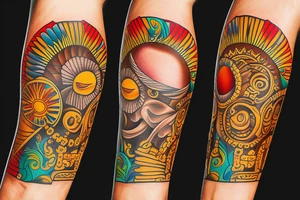caribbean Taíno indian style themed left arm sleeve tattoo that includes the sun and a cemi tattoo idea