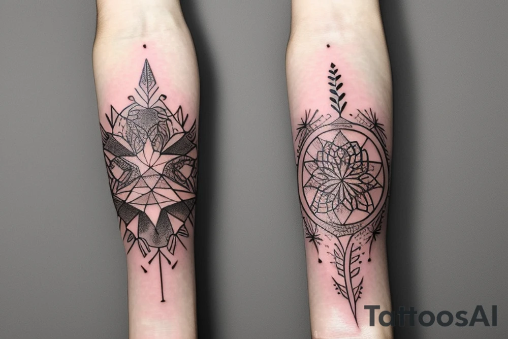 Witchy holistic banded forearm wrap with bands and floral greenery and elementa tattoo idea