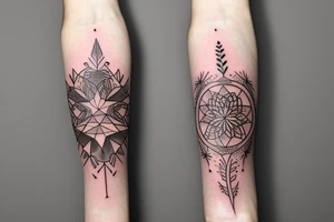 Witchy holistic banded forearm wrap with bands and floral greenery and elementa tattoo idea