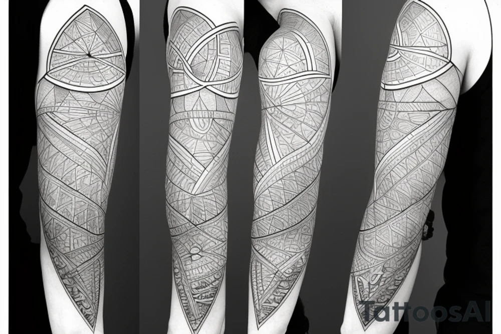 line work, geometric, God giving the human knowledge, left arm sleeve tattoo tattoo idea