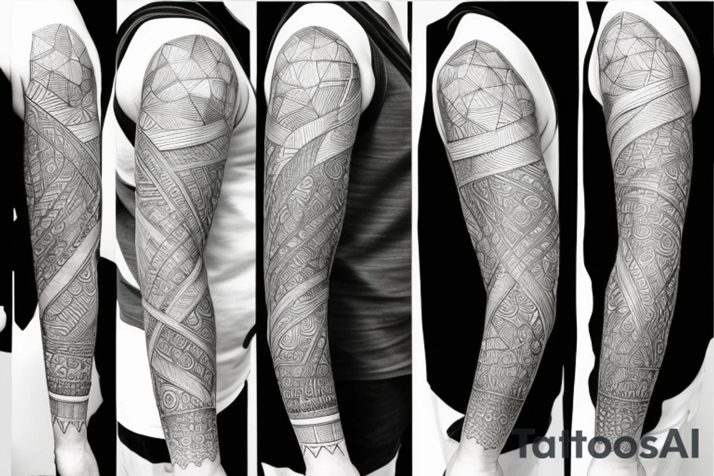 line work, geometric, God giving the human knowledge, left arm sleeve tattoo tattoo idea