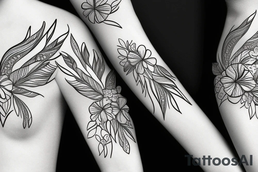 Fineline tropical flower and crystal tattoo idea