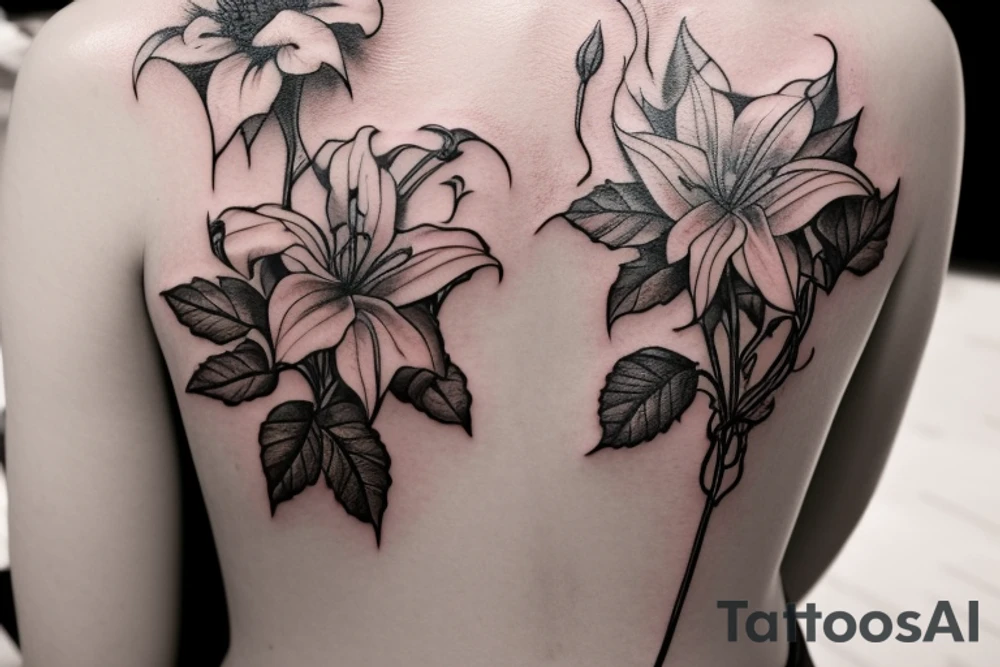 The tattoo features a sketched style of a rose, lily, and sunflower arranged in a way that flows naturally, with the flowers and their stems intertwining in a seemingly effortless manner. The design also includes lots of vine-like foliage that winds around the flowers, giving the tattoo an organic, natural feel.

In addition to the flowers and foliage, the design incorporates witchy elements, such as a crescent moon and sun symbols. The crescent moon is depicted with fine lines and no shading, adding a simple yet elegant touch to the design. The sun symbol is also included, adding a complementary celestial element that balances the moon.

The tattoo has no shading, giving it a clean, minimalist look. The use of sketching gives the tattoo a raw, authentic feel that complements the natural elements in the design. The result is a tattoo that feels both earthy and mystical, with a strong connection to nature and the divine.

Overall, the tattoo design is a unique and beautiful combination of floral, witchy, and celestial elements that come together to create a harmonious and captivating piece of body art. tattoo idea