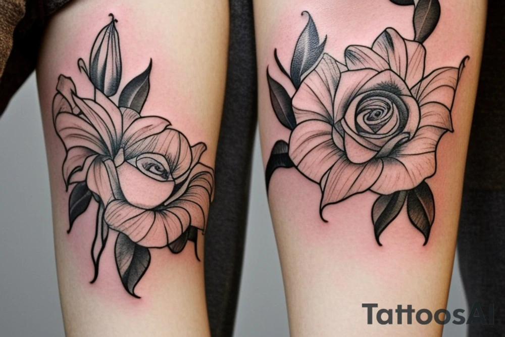 The tattoo features a sketched style of a rose, lily, and sunflower arranged in a way that flows naturally, with the flowers and their stems intertwining in a seemingly effortless manner. The design also includes lots of vine-like foliage that winds around the flowers, giving the tattoo an organic, natural feel.

In addition to the flowers and foliage, the design incorporates witchy elements, such as a crescent moon and sun symbols. The crescent moon is depicted with fine lines and no shading, adding a simple yet elegant touch to the design. The sun symbol is also included, adding a complementary celestial element that balances the moon.

The tattoo has no shading, giving it a clean, minimalist look. The use of sketching gives the tattoo a raw, authentic feel that complements the natural elements in the design. The result is a tattoo that feels both earthy and mystical, with a strong connection to nature and the divine.

Overall, the tattoo design is a unique and beautiful combination of floral, witchy, and celestial elements that come together to create a harmonious and captivating piece of body art. tattoo idea
