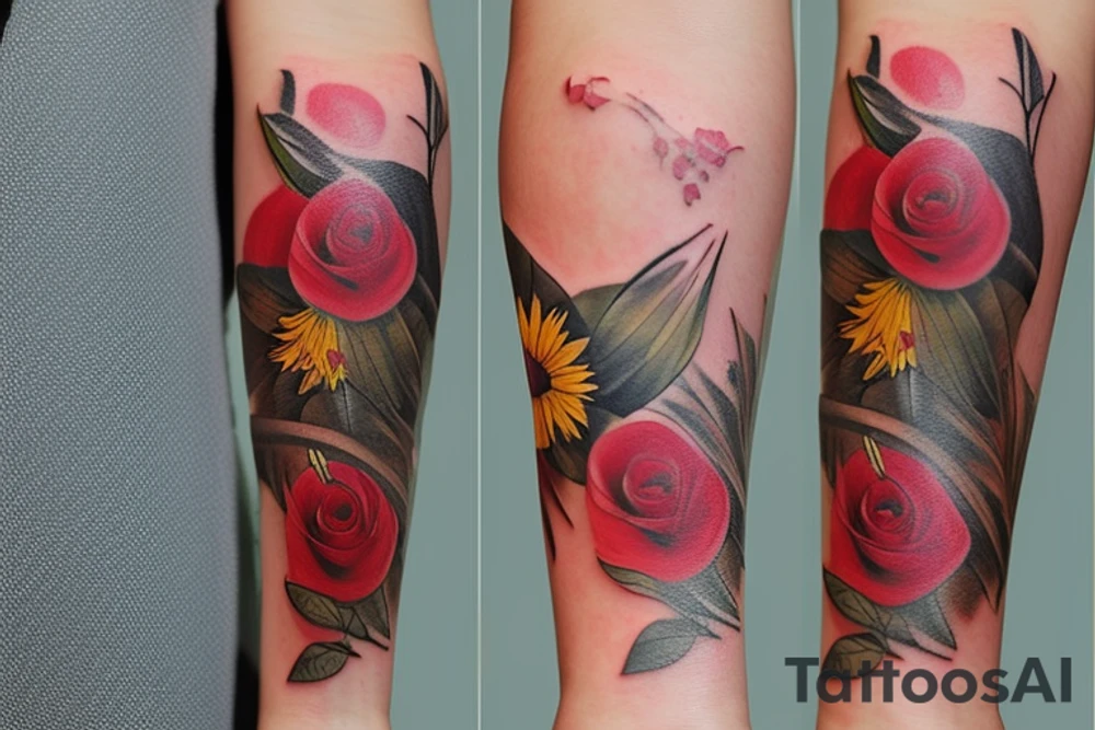 The tattoo features a sketched style of a rose, lily, and sunflower arranged in a way that flows naturally, with the flowers and their stems intertwining in a seemingly effortless manner. The design also includes lots of vine-like foliage that winds around the flowers, giving the tattoo an organic, natural feel.

In addition to the flowers and foliage, the design incorporates witchy elements, such as a crescent moon and sun symbols. The crescent moon is depicted with fine lines and no shading, adding a simple yet elegant touch to the design. The sun symbol is also included, adding a complementary celestial element that balances the moon.

The tattoo has no shading, giving it a clean, minimalist look. The use of sketching gives the tattoo a raw, authentic feel that complements the natural elements in the design. The result is a tattoo that feels both earthy and mystical, with a strong connection to nature and the divine.

Overall, the tattoo design is a unique and beautiful combination of floral, witchy, and celestial elements that come together to create a harmonious and captivating piece of body art. tattoo idea