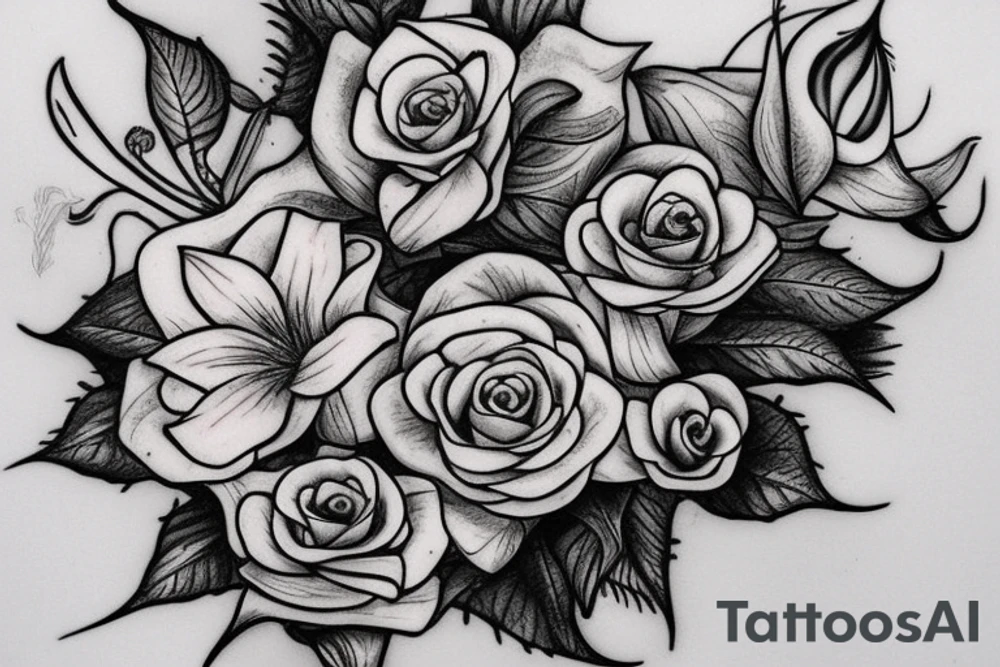 The tattoo features a sketched style of a rose, lily, and sunflower arranged with flowers and their stems intertwining seemingly effortless manner. The design also includes lots of vine-like foliage that winds around the flowers, giving the tattoo an organic, natural feel.

In addition to the flowers and foliage, the design incorporates witchy elements, such as a crescent moon and sun symbols. The crescent moon is depicted with fine lines and no shading, adding a simple yet elegant touch to the design. The sun symbol is also included, adding a complementary celestial element that balances the moon.

The tattoo has no shading, giving it a clean, minimalist look. The use of sketching gives the tattoo a raw, authentic feel that complements the natural elements in the design. The result is a tattoo that feels both earthy and mystical, with a strong connection to nature and the divine.

Overall, the tattoo design is a unique and beautiful combination of floral, witchy, and celestial elements that come together to create a harmonious and captivating piece of body art. tattoo idea