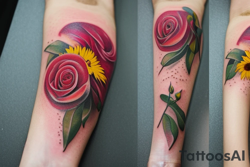 The tattoo features a sketched style of a rose, lily, and sunflower arranged with flowers and their stems intertwining seemingly effortless manner. The design also includes lots of vine-like foliage that winds around the flowers, giving the tattoo an organic, natural feel.

In addition to the flowers and foliage, the design incorporates witchy elements, such as a crescent moon and sun symbols. The crescent moon is depicted with fine lines and no shading, adding a simple yet elegant touch to the design. The sun symbol is also included, adding a complementary celestial element that balances the moon.

The tattoo has no shading, giving it a clean, minimalist look. The use of sketching gives the tattoo a raw, authentic feel that complements the natural elements in the design. The result is a tattoo that feels both earthy and mystical, with a strong connection to nature and the divine.

Overall, the tattoo design is a unique and beautiful combination of floral, witchy, and celestial elements that come together to create a harmonious and captivating piece of body art. tattoo idea