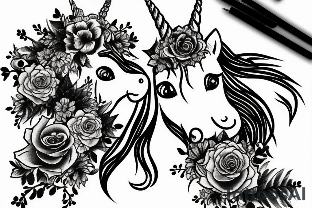 Fineline unicorn with flowers tattoo idea
