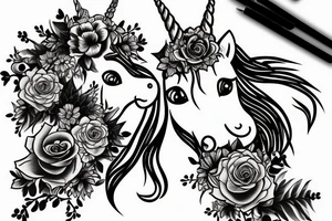 Fineline unicorn with flowers tattoo idea