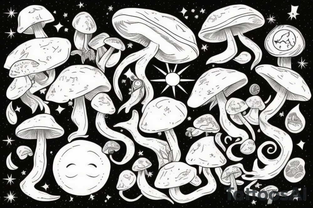 Mushroom and crystals, sun and moon tattoo idea