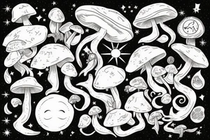 Mushroom and crystals, sun and moon tattoo idea