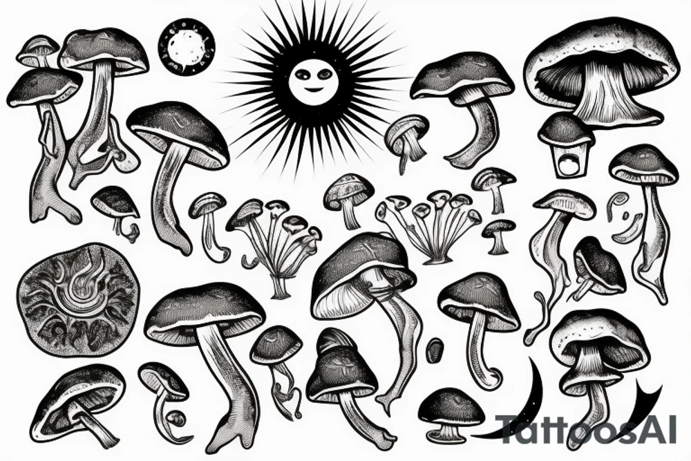 Mushroom and crystals, sun and moon tattoo idea