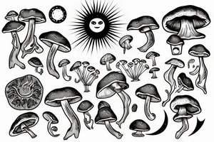 Mushroom and crystals, sun and moon tattoo idea