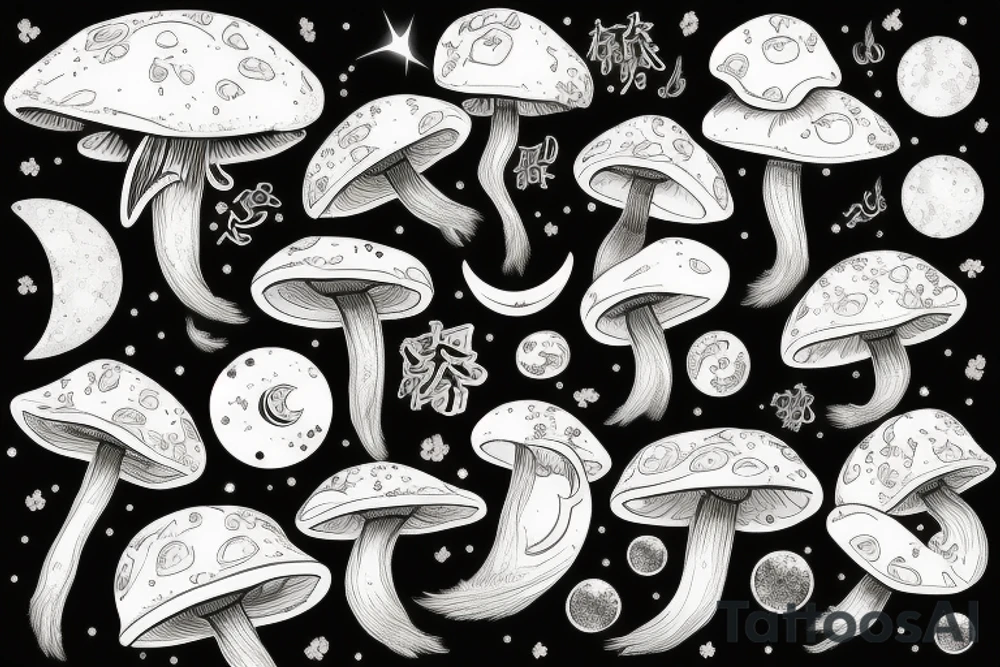 Mushroom and crystals, sun and moon, four seasons, yin and yang tattoo idea