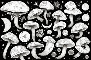 Mushroom and crystals, sun and moon, four seasons, yin and yang tattoo idea
