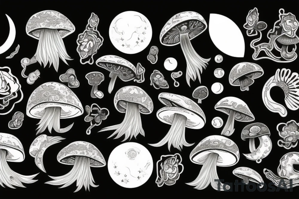 Mushroom and crystals, sun and moon, four seasons, yin and yang tattoo idea