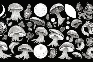 Mushroom and crystals, sun and moon, four seasons, yin and yang tattoo idea