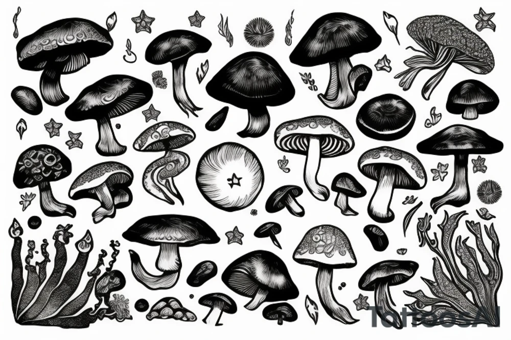 Mushroom and crystals, sun and moon, four seasons, yin and yang tattoo idea