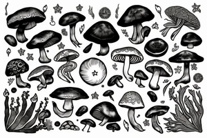 Mushroom and crystals, sun and moon, four seasons, yin and yang tattoo idea