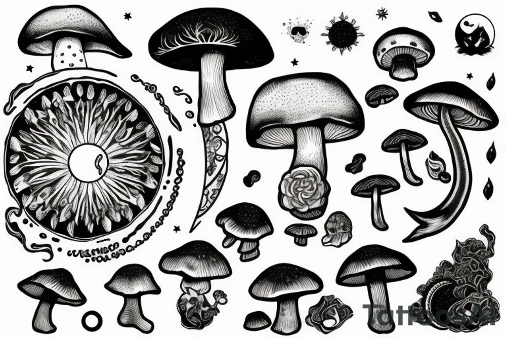 Mushroom and crystals, sun and moon, four seasons, yin and yang tattoo idea