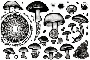 Mushroom and crystals, sun and moon, four seasons, yin and yang tattoo idea