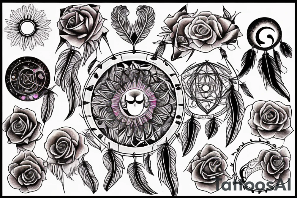 Dreamcatcher, heart, sun and moon, nature, rose fineline, minamalistic tattoo idea