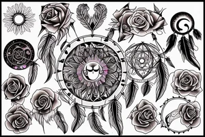Dreamcatcher, heart, sun and moon, nature, rose fineline, minamalistic tattoo idea