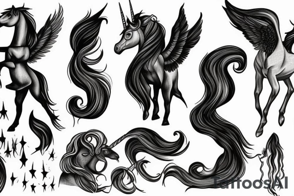 Unicorn and Pegasus woman, negative space, band tattoo, fineline, femanim tattoo idea