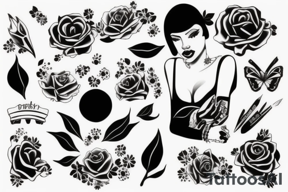 feminine , black and white, outline tattoo idea