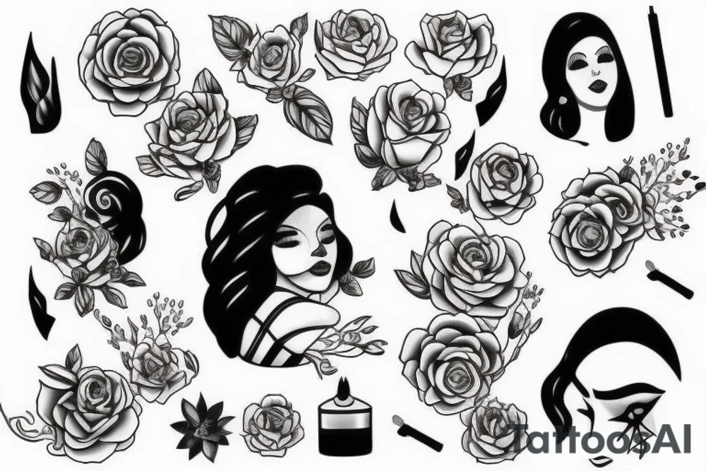 feminine , black and white, outline tattoo idea