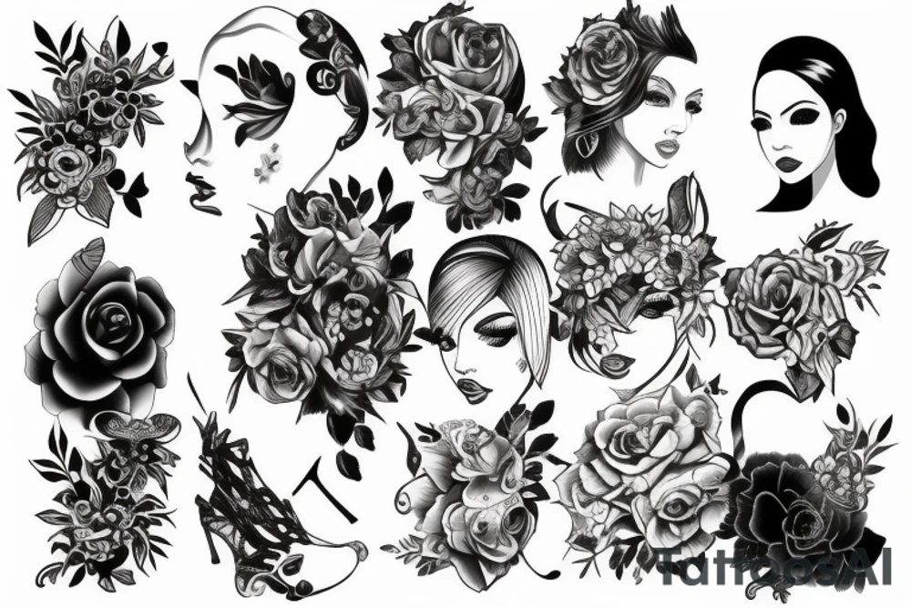 feminine , black and white, outline tattoo idea