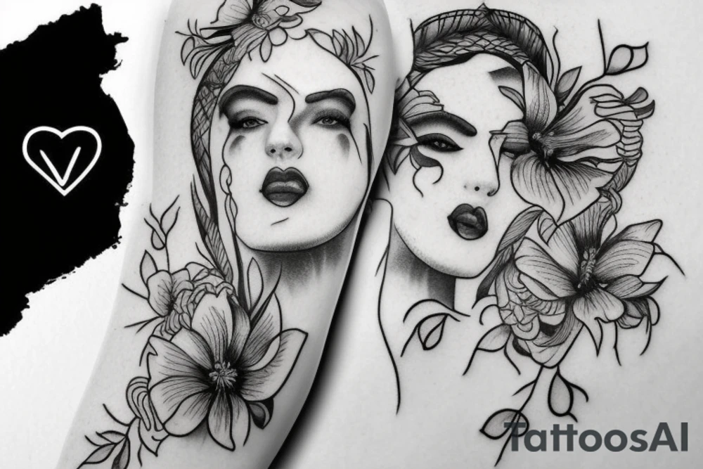 feminine , black and white, outline tattoo idea