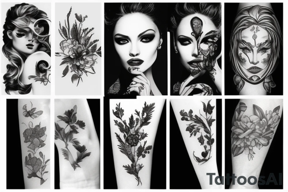 feminine , black and white, outline tattoo idea