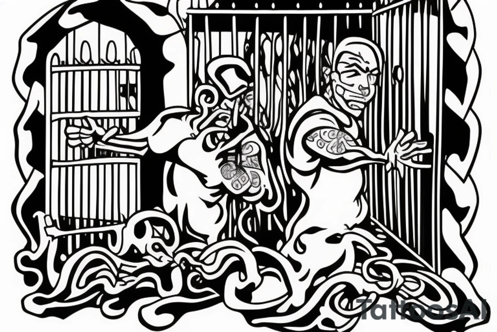 Man behind a prison gate with his hands through the gate reaching tattoo idea