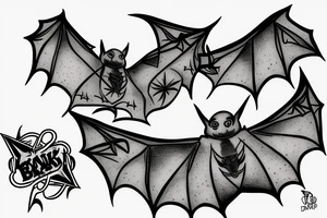 three Bats appear from a dark cave fly away tattoo idea