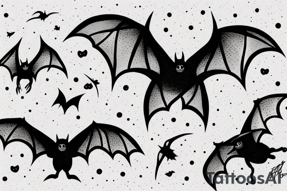 three Bats appear from a dark cave fly away tattoo idea